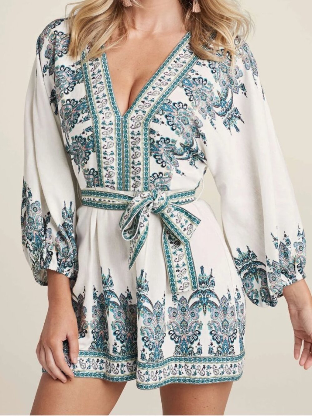 Linen Tie-Waist Romper - White Multi